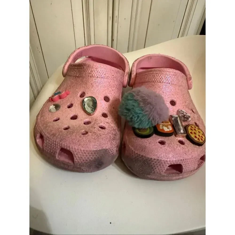 Crocs Girls Glittered Jibbitz Classic Clog Sandals Pink Size 4